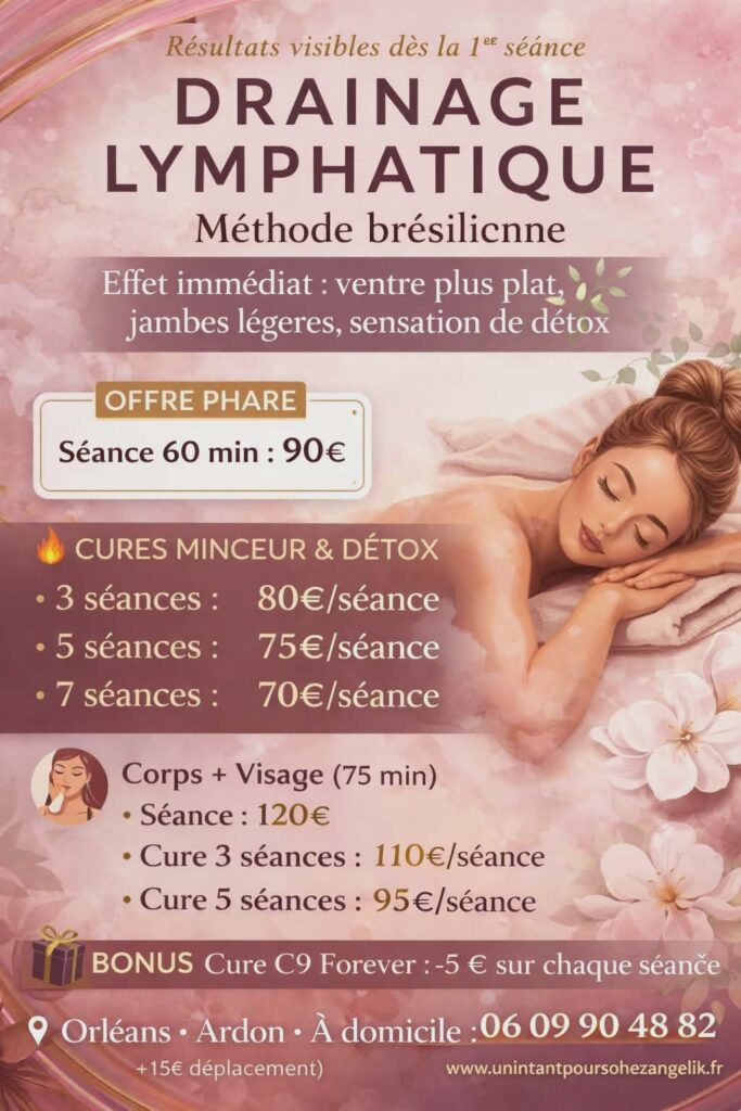 Drainage lymphatique brésilien disponible à Orléans, Olivet, Ardon, Saint Jean le Blanc, Saint Cyr en Val, La ferté saint Aubin en cabinet ou à domicile